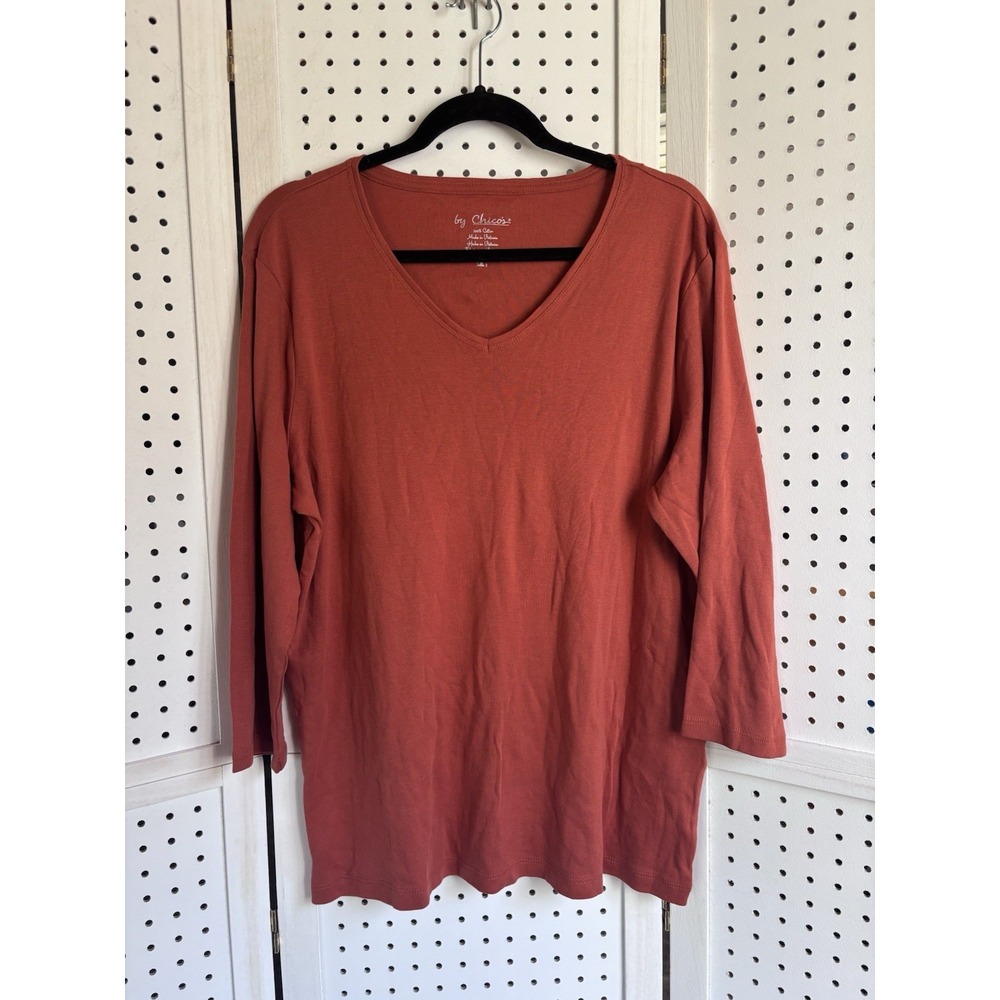 Chico's Sz. 3 (XL) NWT V Neck Cotton 3/4 SLV Tee Shirt Rustic Orange